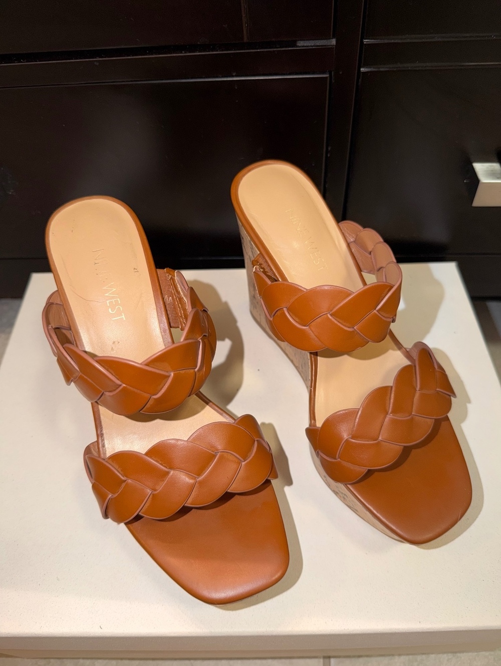 Nine West Brown Braided Platform Cork Wedge Sandals Heels
